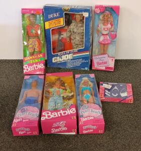 Vintage 1990s Barbie & Ken Dolls (Pearl Beach, Hawaiian Fun, All American, Valentine Fun) W/ GI Joe Duke