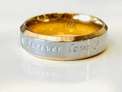 18k Gold And Silver Two-Tone Band Ring, "Forever Love" Engraving, Heart Motif (Size 8)