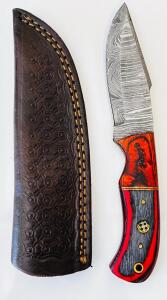Custom Damascus Fixed Blade Knife, Drop Point, 4" Blade, Red/Black Handle, Leather Sheath
