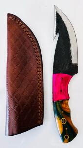 Custom Fixed Blade Skinner Knife With Gut Hook, Resin Handle, Leather Sheath, Mosaic Pin, 8.5"