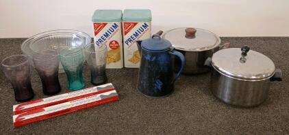 Mixed Vintage Kitchenware Lot: Nabisco Tins, Coca-Cola Glasses, Enamelware, Forever Sharp Knives