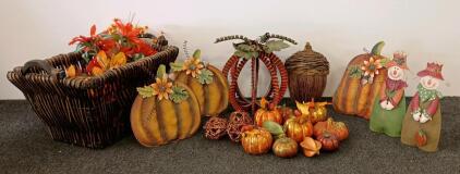 Large Fall Decor Bundle &ndash; Basket w/ Flowers, Pumpkins, Scarecrows, Acorn, Rustic Harvest Ornaments