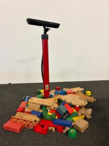 Melissa & Doug Wooden Train Set & Building Blocks Bundle, 90+ Pieces, Tracks, Storage Bin