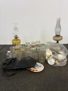 Vintage Oil Lamps, 30+ Kerr Glass Canning Jars With Lids, Black Purse, Holiday Ceramics