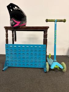 Micro 3-Wheel Kids Scooter, Full-Face Helmet, Wooden Side Table, Blue Metal Pegboard Rack