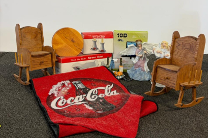 Coca-Cola Banner, Angel Figurines, Wooden Mini Rocking Chairs, Boxed Christmas Decor