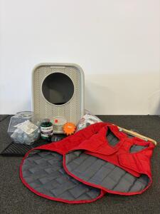 Clevercat Top Entry Litterbox, Vet's Best Hairball Relief, 2 Red Pet Jackets & Accessories
