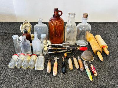 Vintage Kitchenware & Household Lot: Pyrex Jug, Classic Treasures Clock, Rolling Pins, Tools, Jars & More