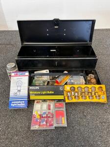 Vintage Automotive Tool Box With Mini Bulbs, Never-Seez Compound, Electrical Connectors & Hardware