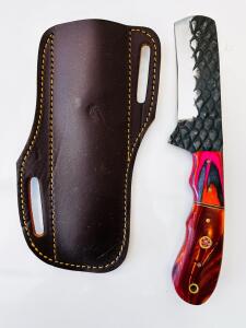 Handmade Cleaver-Style Fixed Blade Knife, Hammered High Carbon Steel, Resin Handle, Leather Sheath