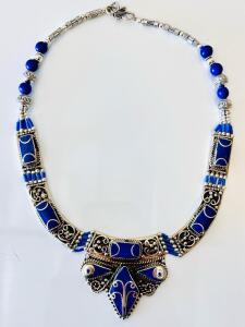 Artisan Lapis Lazuli & Silver Necklace, Ethnic Handcrafted, Hook Clasp, Pendant 2x2 In