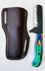 Custom Cleaver-Style Fixed Blade Knife, Textured Forged Steel, Multicolored Wood Handle, Sheath