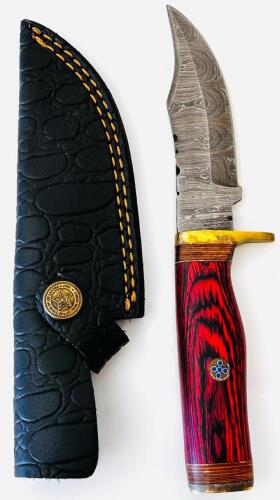 Custom Damascus Steel Fixed Blade Hunting Knife, 4.5" Blade, Red Wood Handle, Leather Sheath
