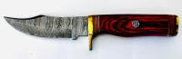 Custom Damascus Steel Fixed Blade Hunting Knife, 4.5" Blade, Red Wood Handle, Leather Sheath - 2