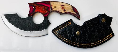 Custom Forged Ulu Knife &ndash; 6" Carbon Steel Blade, Dyed Hardwood Handle, Mosaic Pin, Leather Sheath
