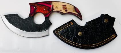 Custom Forged Ulu Knife &ndash; 6" Carbon Steel Blade, Dyed Hardwood Handle, Mosaic Pin, Leather Sheath