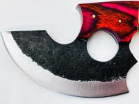 Custom Forged Ulu Knife &ndash; 6" Carbon Steel Blade, Dyed Hardwood Handle, Mosaic Pin, Leather Sheath - 2