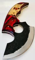 Custom Forged Ulu Knife &ndash; 6" Carbon Steel Blade, Dyed Hardwood Handle, Mosaic Pin, Leather Sheath - 3