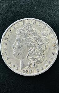 1881 Morgan Silver Dollar, Philadelphia Mint, 90% Silver, Heavy Circulation