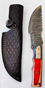 Custom Damascus Steel Fixed-Blade Knife, Multicolor Hardwood Handle, 5.5" Blade, Leather Sheath