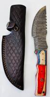 Custom Damascus Steel Fixed-Blade Knife, Multicolor Hardwood Handle, 5.5" Blade, Leather Sheath