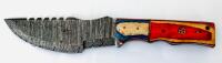 Custom Damascus Steel Fixed-Blade Knife, Multicolor Hardwood Handle, 5.5" Blade, Leather Sheath - 2