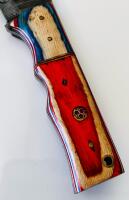 Custom Damascus Steel Fixed-Blade Knife, Multicolor Hardwood Handle, 5.5" Blade, Leather Sheath - 4