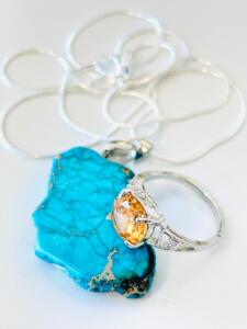 Turquoise Gemstone Pendant Silver Necklace & Orange Stone Heart Motif Silver Ring (Size 8) Jewelry Set