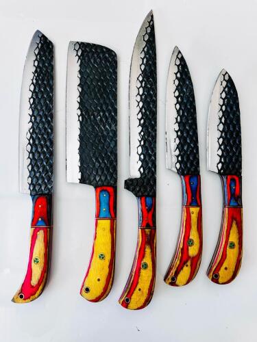 5-Piece Japanese-Style Kitchen Knife Set, Snake-Skin Textured Blades, Custom Dyed Wood Handles