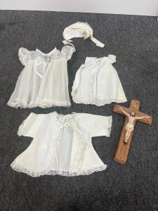 Vintage Infant Christening Gown Set with Bonnet, Jacket, Slip & Crucifix, White Lace Details