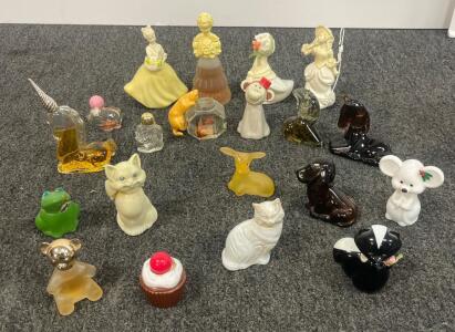 Lot of 17 Vintage Novelty Figural Perfume Bottles &ndash; Animals, Cupcake, Girls, Mixed Materials, 2&ndash;4 in