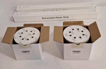 (1) 100-Count Box Of Assorted Grit Hook & Loop 5" Sanding Disks, (1) 100-Count Box OF 60 Grit Hook & Loop 5" Sanding Disks & (2) Retractable Power Strips<br/>