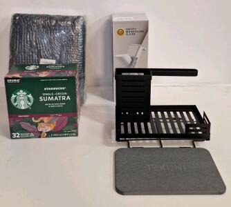 (1) 32-Count Box Of Starbucks Sumatra Dark Roast Coffee K-Cup Pods, (1) Tekuni Kitchen Sink Caddy W / Drying Mat, (1) Safety Mandoline Slicer & (1) 24" X 47" Floor Mat, Black