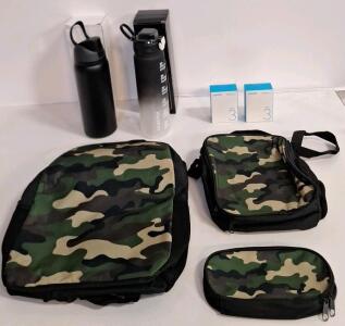 (1) Cammo 3-Piece Backpack Set, (1) 32-Oz Insulated Stainless Steel Water Bottle, Black, (1) 32-Oz Plastic Water Bottle, Black/ White & (2) ANKER Series 3 Car Chargers