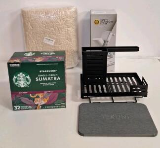 (1) 32-Count Box Of Starbucks Sumatra Dark Roast Coffee K-Cup Pods, (1) Tekuni Kitchen Sink Caddy W / Drying Mat, (1) Safety Mandoline Slicer & (1) 24" X 47" Floor Mat, Beige