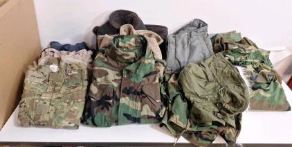 (1) Camouflage Cold Weather Field Jacket, Size XL & Assorted Pieces Of Military Surplus Clothing, Size Large