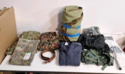 (2) Pair Of Camouflage Wet Weather Trousers, Size XXL, (1) Vintage Wool Sleeping Bag W/ BIVY Cover & Assorted Pieces Of Military Surplus Gear & Clothing, Size XXL