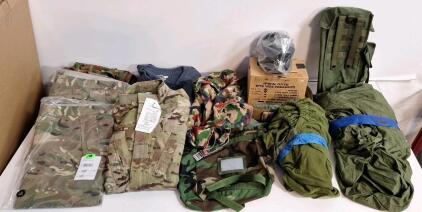 (2) Pair Of Camouflage Wet Weather Trousers, Size XXL & Assorted Pieces Of Military Surplus Gear & Clothing, Size XXL