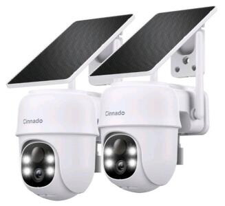 (1) 2-Pack Of CINNADO - Cameras for Home Security-2.4G WiFi Outdoor Camera Wireless Solar/Battery Powered with solar panel, 360&deg; Viewing, AI Human Detection, Color Night Vision, SD Storage, Works W/ Alexa