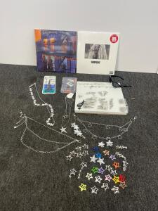 Serpent record, reflect record, thumb guitar pics, scissors, retro jewelry and belts