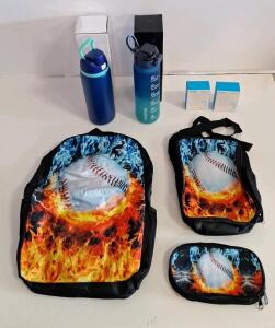 (1) Baseball 3-Piece Backpack Set, (1) 32-Oz Insulated Stainless Steel Water Bottle, Blue, (1) 32-Oz Plastic Water Bottle, Blue/ Green & (2) ANKER Series 3 Car Chargers