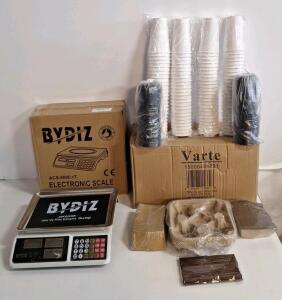 (1) BYDIZ - Digital Electronic Scale, Model ACS-809C&T & (1) VARTE - 110-Piece - 16-Oz Disposable Coffee Cup Set