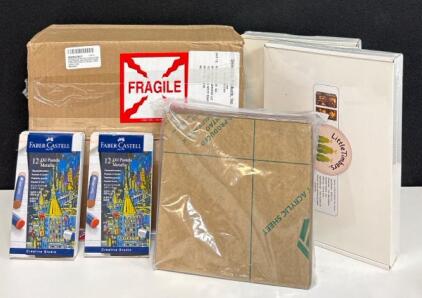 Mixed Lot Craft Supplies: Faber-Castell Oil Pastels 12-Pack, Acrylic Sheets, 2 Book Nook Kits, Easel Backs