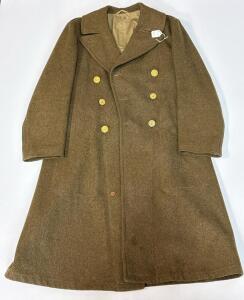 WWII U.S. Army Olive Drab Wool Overcoat by Brewer, Great Seal Buttons, Belted Back, Serial 239xxxx