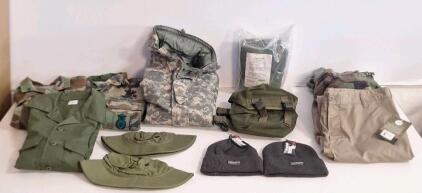 (1) Cold Weather Jacket Shell, (1) USGI Duffel Bag, (1) Small Gear Bag, (2) Hot Weather Hats, (2) Thinsulate Beanies & Assorted Pieces Of Military Surplus Clothing, Size Medium