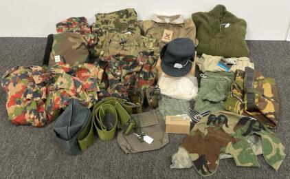 Military Surplus Clothing Gear Lot&mdash;Vertx Combat Shirts, Camo Jackets, Pants, Wool Sweater, Belts