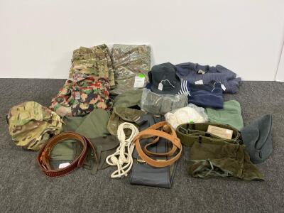 Mixed Military Surplus Lot&mdash;Commando Sweater, Camo Pants, Belts, Pouches, Swiss Alpenflage