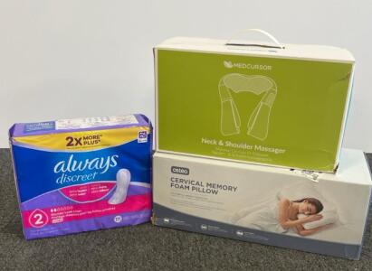 Medcursor Shiatsu Neck & Shoulder Massager, Osteo Cervical Memory Foam Pillow, Always Discreet Liners 111ct