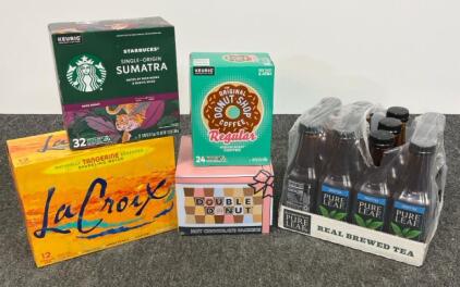 Starbucks Sumatra K-Cups, Donut Shop K-Cups, LaCroix Tangerine, Pure Leaf Tea, Hot Chocolate Lot