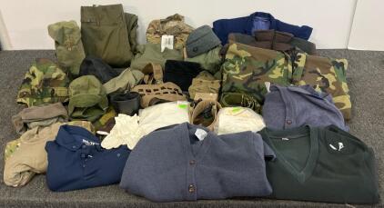 Large Military Surplus Clothing & Gear Lot: 30+ Army Shirts, Jackets, Vests, Headwear, Camo, XL